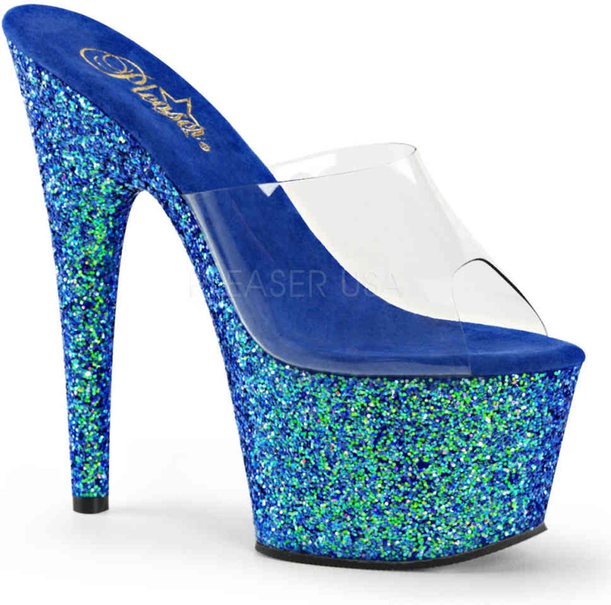 EU 38 = US 8 | ADORE-701LG | 7 Heel, 2 3/4 PF Slide W/Holo Glitter Bottom